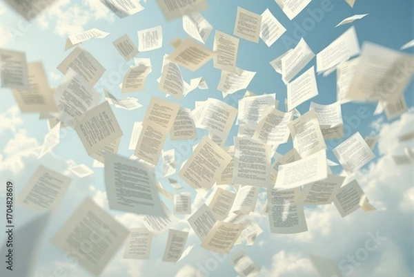 Fototapeta Flying documents in mid-air under a blue sky with clouds representing data overload and chaos in a business or information management concept. Ai generative