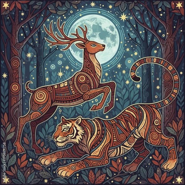 Fototapeta Mystical forest scene with a leaping deer and a tiger under a full moon