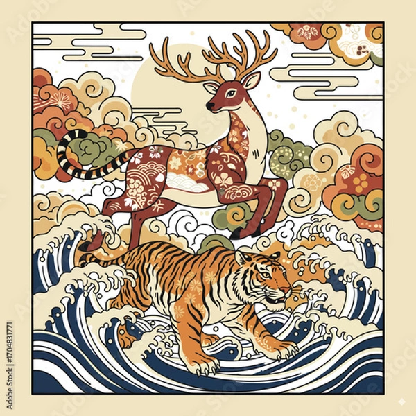 Fototapeta Majestic deer and tiger in a mystical landscape with clouds and moon