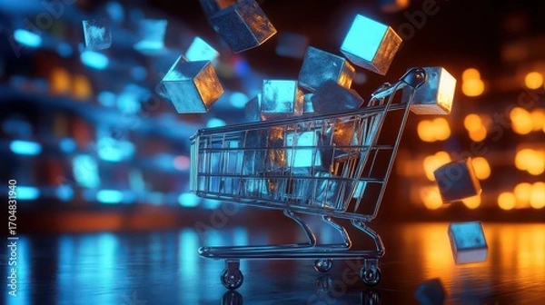 Fototapeta A shopping cart filled with glowing cubes against a bokeh background in a digital rendering style