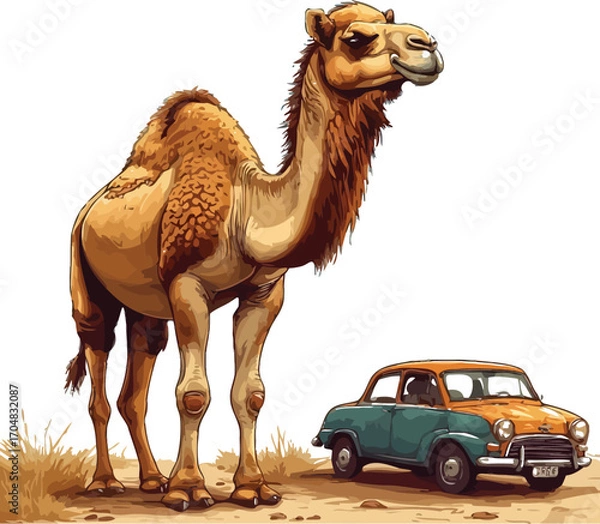 Fototapeta A camel stands next to a vintage car in a desert landscape