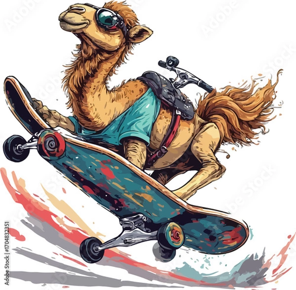 Fototapeta Cool camel wearing sunglasses rides a skateboard with colorful splashes