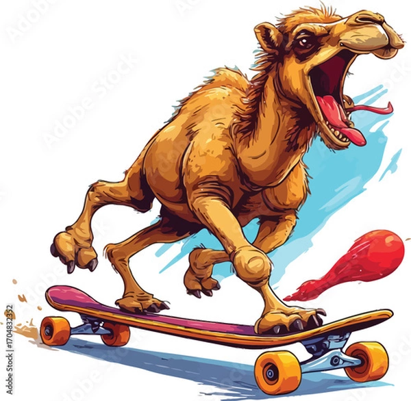 Fototapeta Funny camel riding a skateboard with a silly expression