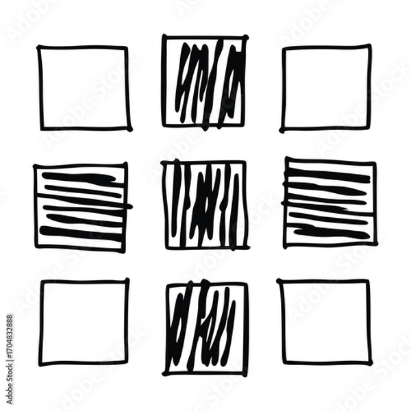 Fototapeta Grid of nine squares with varied handdrawn fill patterns