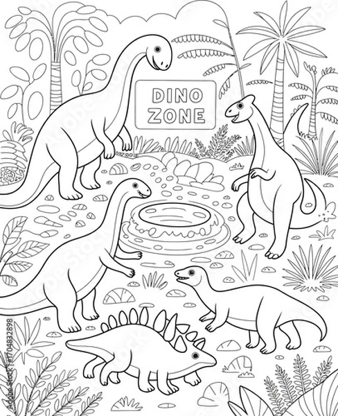 Fototapeta Dinosaur coloring page with various prehistoric creatures in a jungle setting