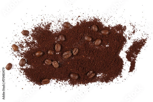 Fototapeta Pile of powdered, instant coffee and beans isolated on white background, top view