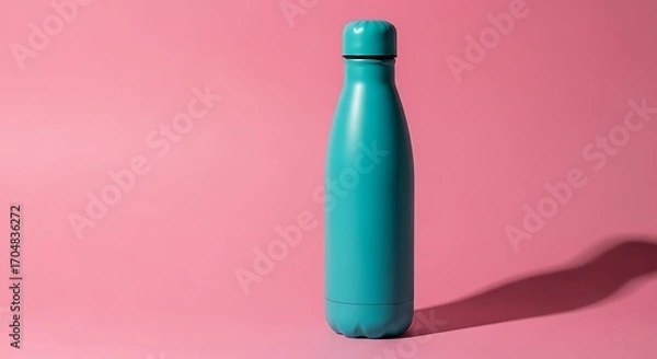Obraz Sleek Teal Reusable Water Bottle with Shadow on a Bright Pink Background, Hydration and Wellness