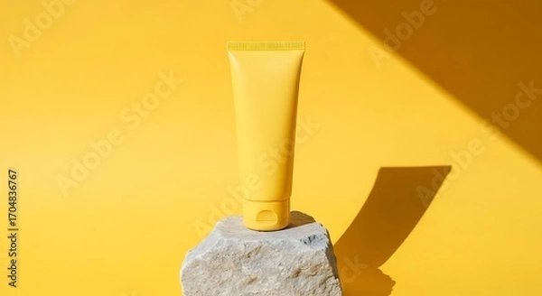 Obraz Bright Yellow Cosmetic Tube Mockup on Natural Stone with Strong Sun Shadows and Vibrant Yellow Background