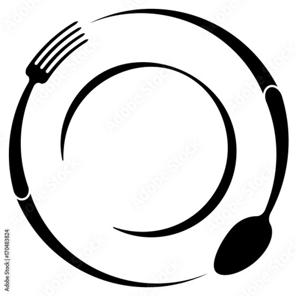 Obraz Streszczenie logo kawiarni lub restauracji. Łyżka i widelec na talerzu. Prosty zarys.