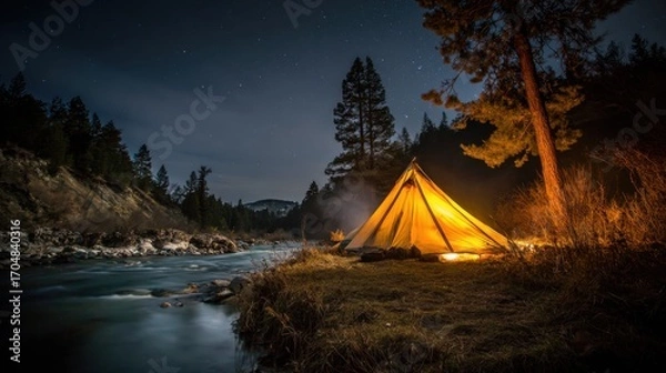 Fototapeta Under the Stars with a Glowing Tent and Campfire by a River
