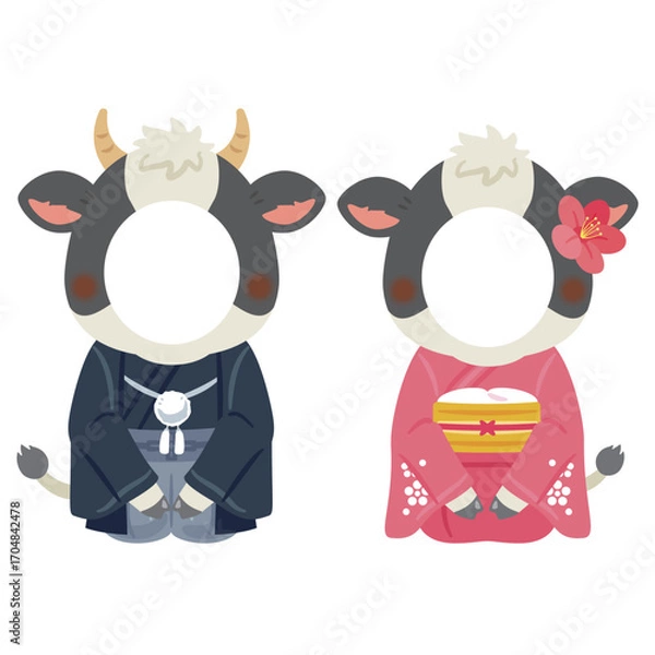 Obraz 晴れ姿の丑年のキャラクター　男女　フォトフレーム