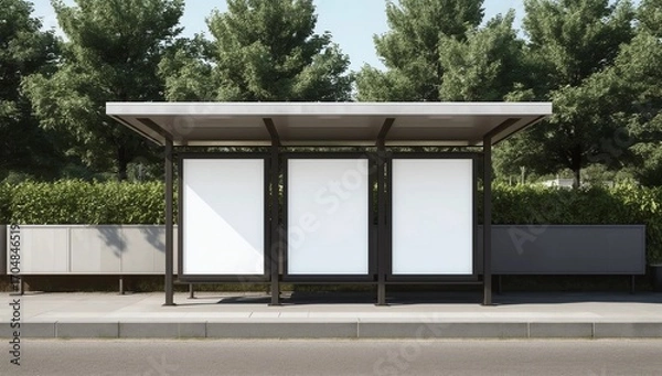 Fototapeta Bus station mockup with 3 empty spaces. Night or dusk time, 3d rendered realistic illustration