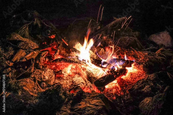Fototapeta A glowing campfire captured in the heart of a dark forest at night. Burning logs and glowing embers radiate warmth and light, with visible sparks and flames dancing in the air.