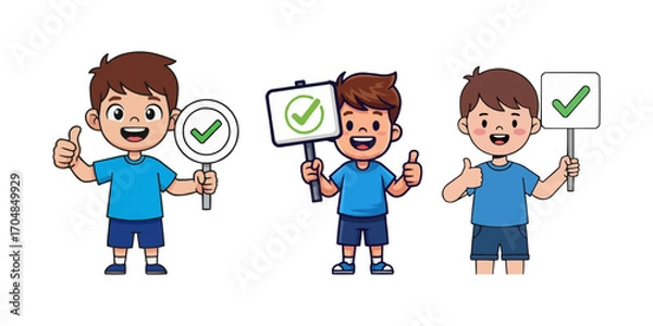 Fototapeta Happy boys hold signs with check mark graphic