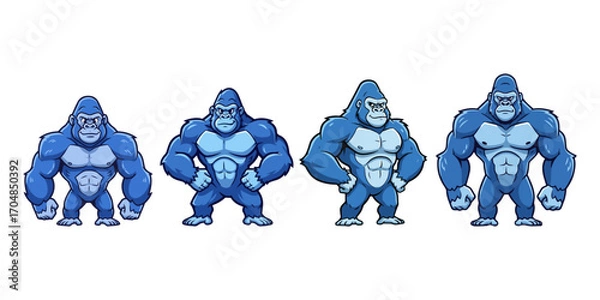 Fototapeta Four cartoon gorillas stand in a row on white