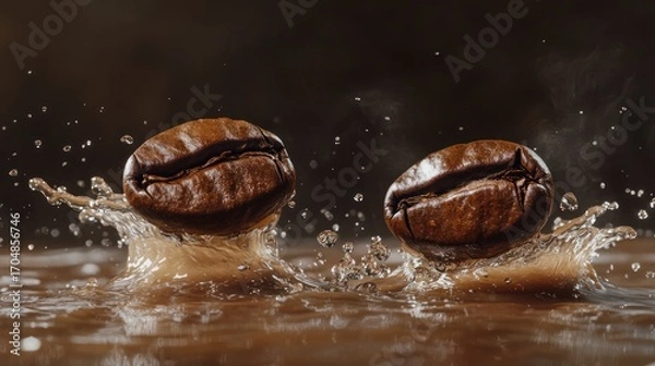 Fototapeta Two Roasted Coffee Beans Splashing into Brown Liquid, A Close-Up Macro Shot