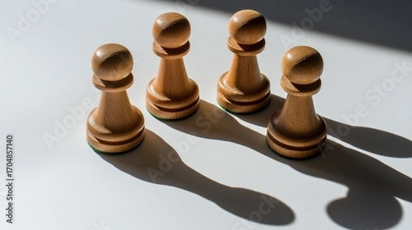 Fototapeta Four Wooden Chess Pawns Arranged in a Row Cast Shadows on White Surface
