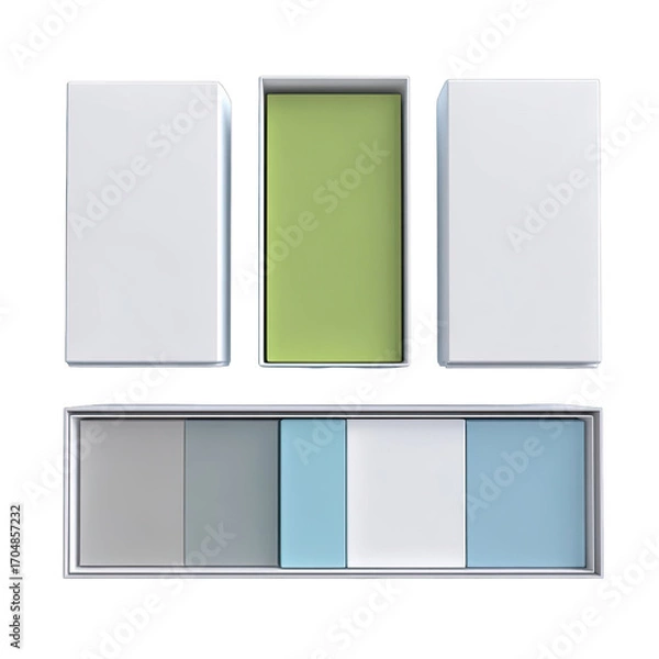Fototapeta Three rectangular panels, top, a light-colored, lime green rectangle. Bottom, a row of three, light gray, light blue rectangles