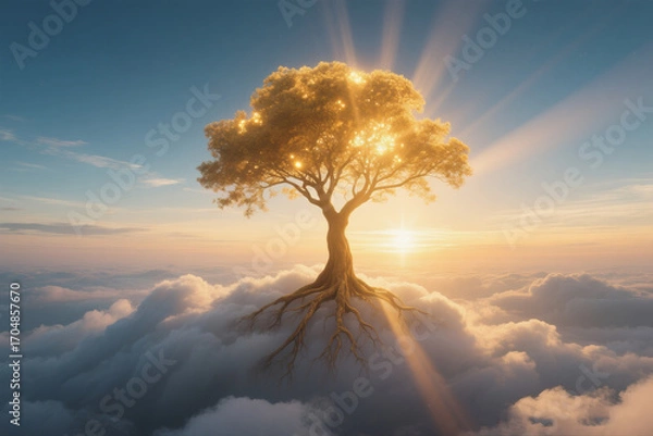 Fototapeta Dreamlike Fantasy Tree with Exposed Roots in Ethereal Light