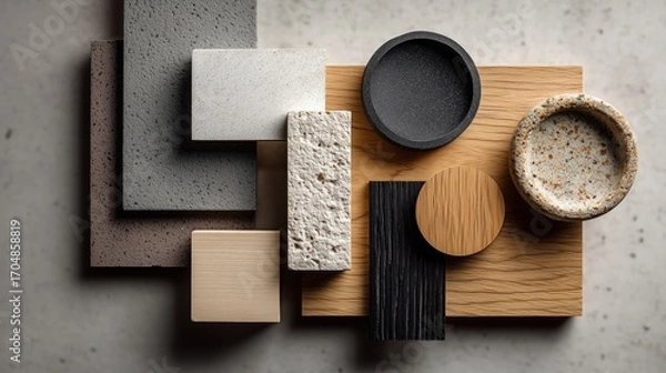 Obraz An overhead view of various textured material samples including wood, stone, and ceramic for design and architectural inspiration.