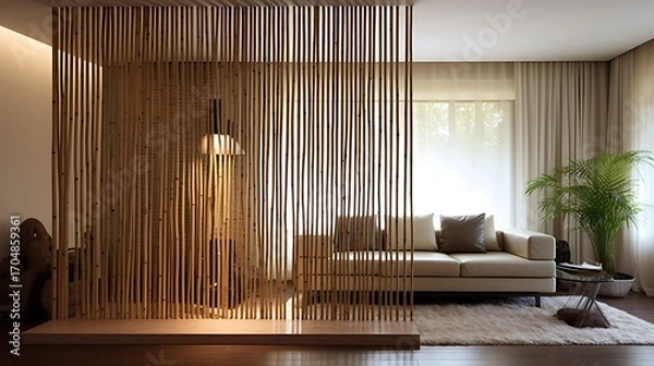 Fototapeta Serene interior with a decorative bamboo screen, neutral tones, and soft natural light creating a