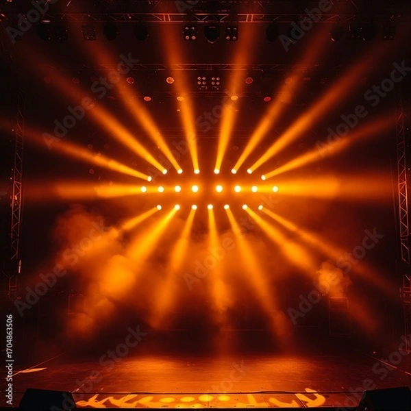 Fototapeta An explosive stage lighting setup with multiple spotlights illuminating a dark stage. The lights burst forth from a central point, radiating outwards like an explosion. mix of bright orange, red,fire