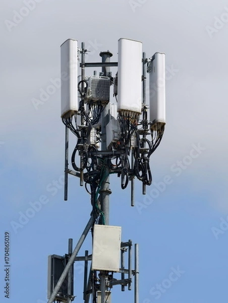 Fototapeta Telecommunication tower of 4G and 5G cellular. Cell Site Base Station. Wireless Communication Antenna Transmitter. Telecommunication tower with antennas.