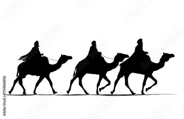 Fototapeta Silhouette of the Magi on a Desert Journey: A striking silhouette captures the majestic journey of the Magi, riding atop their camels, against a minimalist backdrop.