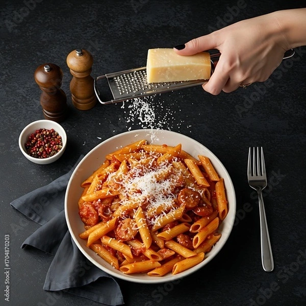 Fototapeta a large bowl of Spicy Tomato & Sausage Penne with a hand holding a parmesan grater and sprinkling cheese over the dish, creating a shower of flakes.