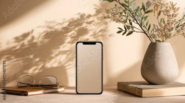 Fototapeta Blank screen smartphone with glasses, notebook and green plant on the table against beige wall mockup background