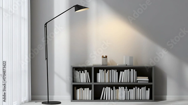 Fototapeta Slim black floor lamp with an angular arm, lighting a minimalist corner bookshelf in a soft gray and white office