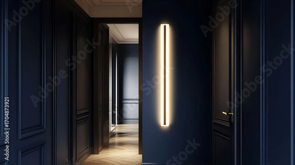 Fototapeta Slim rectangular LED lamp integrated into a vertical wall panel, casting indirect light in a dark navy blue hallway