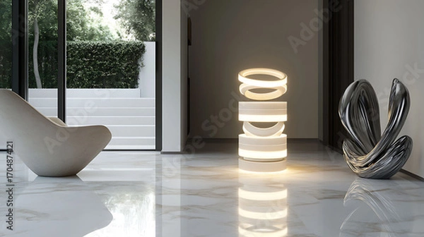Fototapeta Stacked ring LED lamp in soft ivory, standing tall on a marble floor near a sculptural chair in a modern entryway