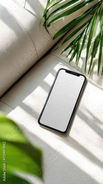 Fototapeta Blank screen smartphone on luxury white leather couch with a green indoor plant. Flatlay top view mockup