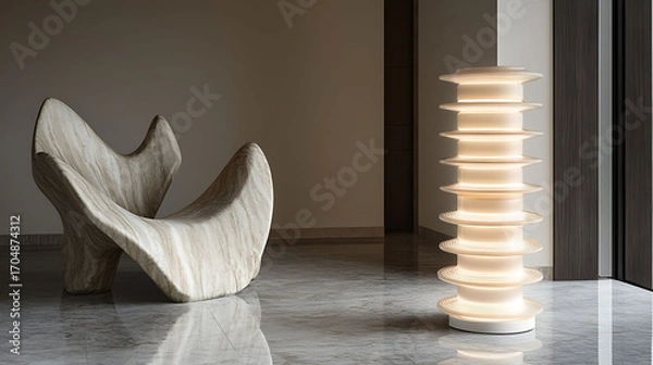 Fototapeta Stacked ring LED lamp in soft ivory, standing tall on a marble floor near a sculptural chair in a modern entryway