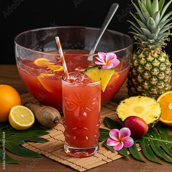 Fototapeta  An exotic plumeria rum punch, styled as a tropical paradise i served in a Tiki glass with a straw. It's garnished with a fresh plumeria flower and a pineapple wedge. The background features a large b
