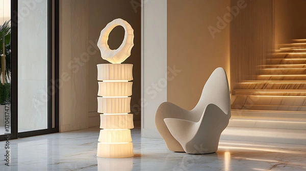 Fototapeta Stacked ring LED lamp in soft ivory, standing tall on a marble floor near a sculptural chair in a modern entryway