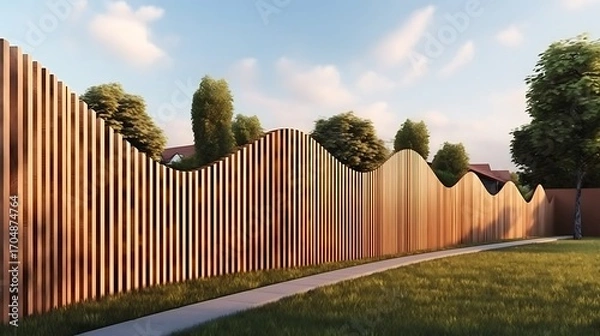 Fototapeta Serene suburban scene featuring a creatively designed undulating wooden fence and lush lawn