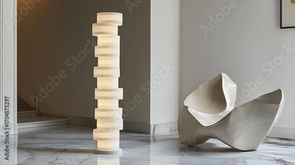Fototapeta Stacked ring LED lamp in soft ivory, standing tall on a marble floor near a sculptural chair in a modern entryway