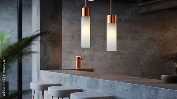 Fototapeta Suspended cylindrical pendant lamp in frosted glass and copper detail, hanging over a concrete bar counter with minimalist stools