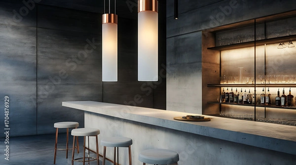 Fototapeta Suspended cylindrical pendant lamp in frosted glass and copper detail, hanging over a concrete bar counter with minimalist stools