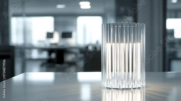 Fototapeta Tabletop minimalist lamp made of clear glass and metal rods, reflecting ambient light over a smooth white surface in a modern workspace