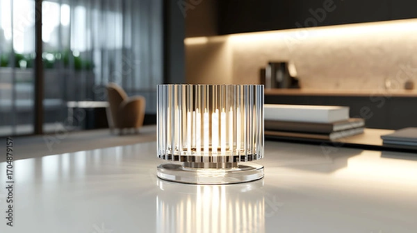 Fototapeta Tabletop minimalist lamp made of clear glass and metal rods, reflecting ambient light over a smooth white surface in a modern workspace
