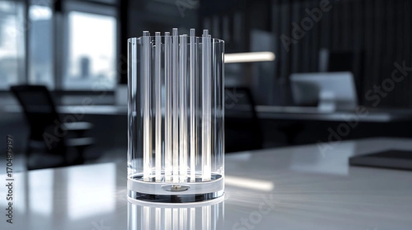 Fototapeta Tabletop minimalist lamp made of clear glass and metal rods, reflecting ambient light over a smooth white surface in a modern workspace