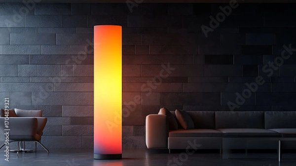 Fototapeta Tall minimalist column lamp with a glowing gradient effect, standing in front of a slate accent wall and clean furniture design