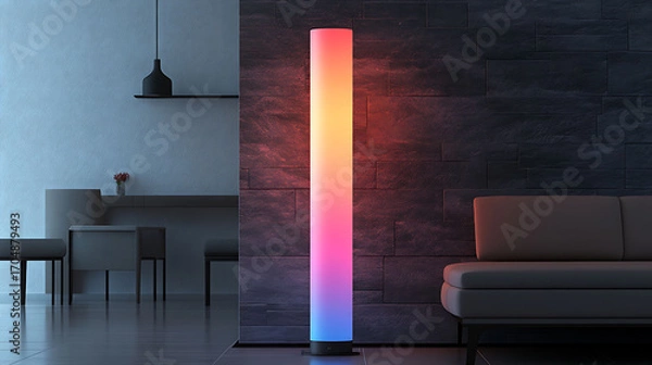 Fototapeta Tall minimalist column lamp with a glowing gradient effect, standing in front of a slate accent wall and clean furniture design