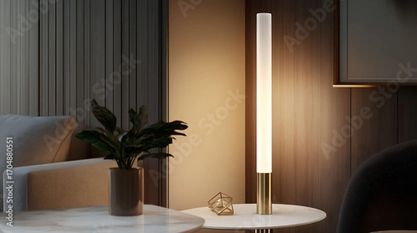 Fototapeta Tall, slender lamp with a frosted vertical tube design and brass base, softly illuminating a white marble tabletop in a modern corner