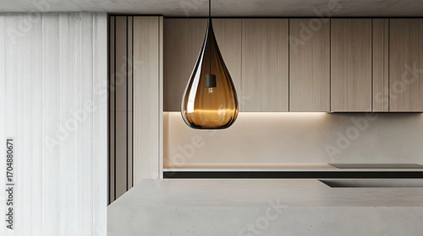 Fototapeta Teardrop-shaped hanging lamp in smoked glass above a minimalist kitchen island with light concrete countertop