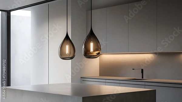 Fototapeta Teardrop-shaped hanging lamp in smoked glass above a minimalist kitchen island with light concrete countertop