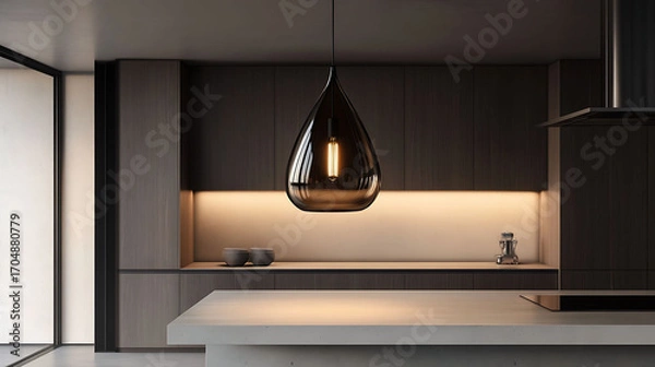 Fototapeta Teardrop-shaped hanging lamp in smoked glass above a minimalist kitchen island with light concrete countertop